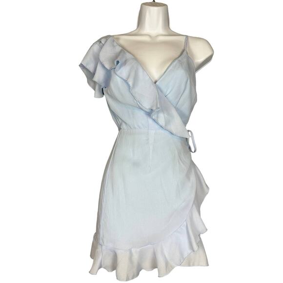 Superdown Pastel Blue Mini Wrap Dress XS Ruffle Romantic Ruffle Revolve $88 NEW - Picture 4 of 7